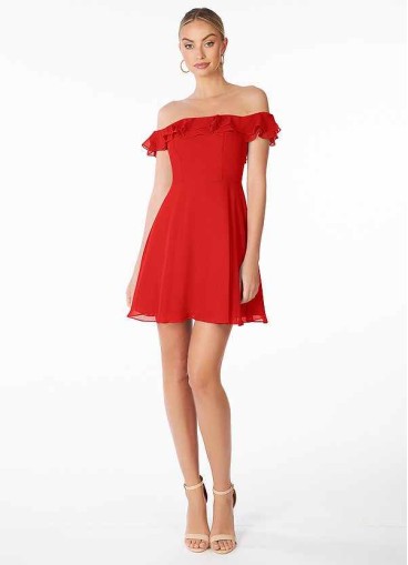AZ Occasions Mini Chiffon Dress with Off the Shoulder Sleeves