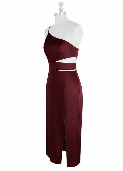 AZ Occasions One Shoulder Midi Stretch Satin Dress with Side Cutouts AZ Occasions One Shoulder Midi Stretch Satin Dress with Side Cutouts