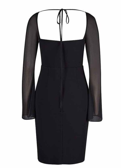 AZ Occasions Mini Stretch Crepe Dress with Mesh Sleeves and Tie Back AZ Occasions Mini Stretch Crepe Dress with Mesh Sleeves and Tie Back