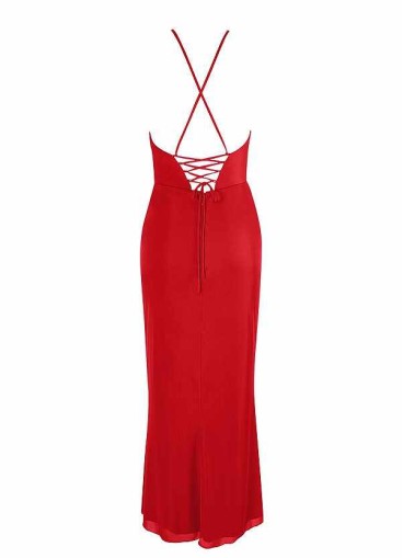 AZ Occasions Midi Mesh Halter Dress with Lace Up Back
